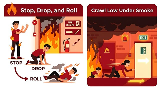 Fire safety instruction poster for stop drop roll and crawl low