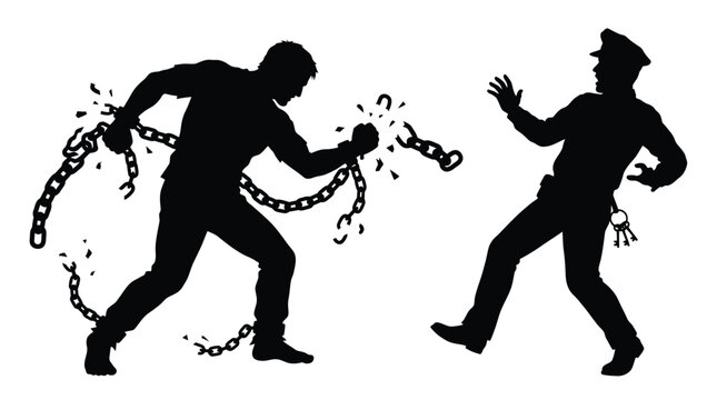 Black vector illustration silhouette of a muscular man breaking iron chains while a policeman watches him