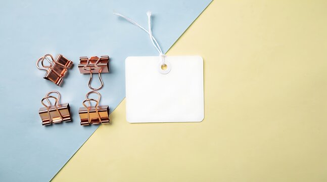 Four rose gold binder clips and a blank white tag on a pastel blue and yellow diagonal background, representing office supplies and organization.