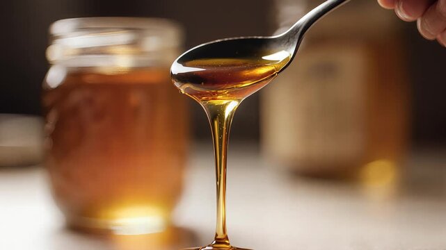 Golden honey, slow motion dripping from a silver spoon into a thick viscous stream, close-up texture with glass jar in background, symbolizing natural sweetness, purity, and organic goodness