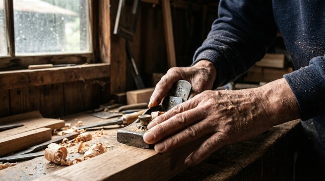 Skilled woodworker hands using a traditional hand plane in workshop. Generative AI