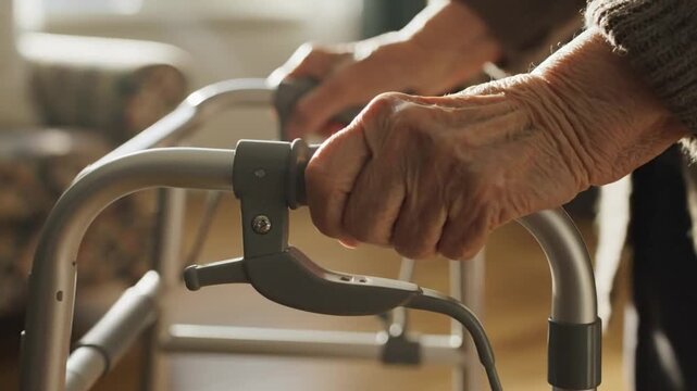 elderly hands carefully holding and adjusting a metallic walker in a home or care facility setting, demonstrating focused attention and care, close-up view highlights the texture of the whe.