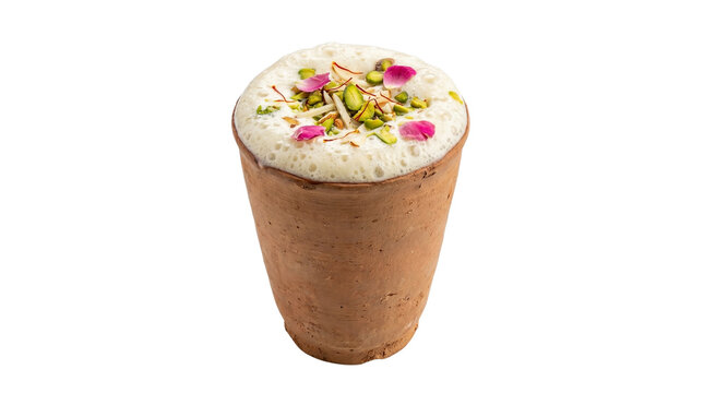 Traditional Indian sweet lassi in clay pot, creamy yogurt drink with pistachio and rose petals, authentic punjabi lassi beverage isolated PNG with Transparent Background