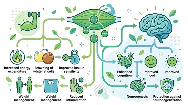 Scientific chart of irisin benefits for metabolism and brain health