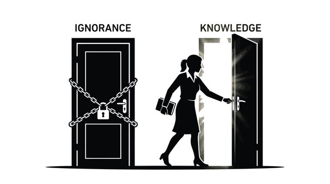 Conceptual vector illustration showing a woman opening a door to knowledge while ignoring locked doors