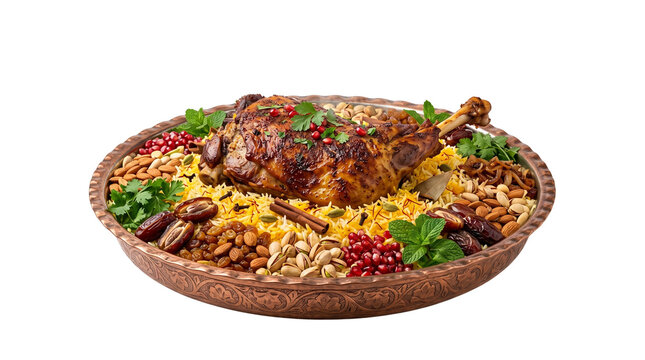 Roasted lamb leg with saffron rice, traditional middle eastern kabsa platter, festive arabic meat and rice dish with nuts and pomegranate seeds isolated PNG with Transparent Background