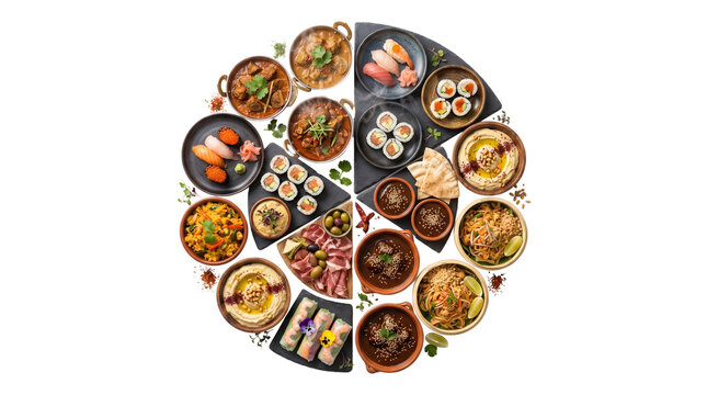 Global cuisine food collage in circle shape, diverse international dishes assortment, gourmet fusion restaurant menu concept with sushi and curry isolated PNG with Transparent Background