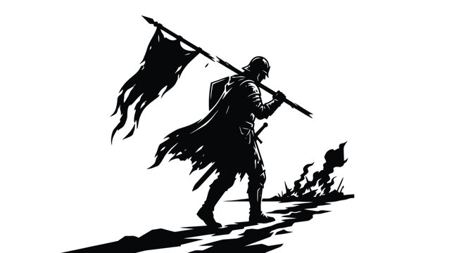 Black and white vector illustration of a brave armored knight carrying a tattered cloth flag