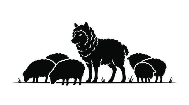Minimalist black and white vector illustration depicting a clever wolf disguised as a fluffy woolly sheep