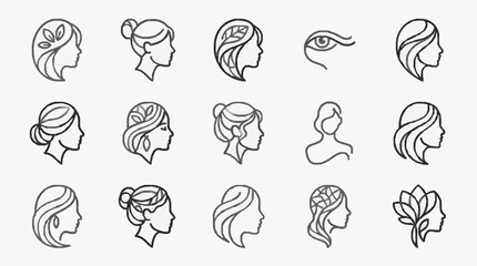 Obraz premium Corporate Icons Set of 15 Stylish Female Hairstyles in Black and White Line Art for Presentations Websites and Branding