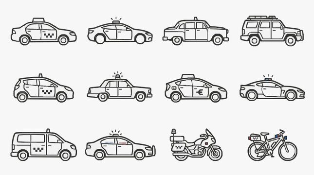 Corporate Line Art Collection of Various Police and Emergency Vehicles in Black and White Sketch Style
