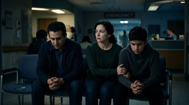 Worried family waiting in a hospital emergency room hallway