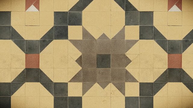 Abstract geometric pattern background, vintage creamy yellow, charcoal grey, and terracotta cracked tiles forming a starburst design, a seamless loop