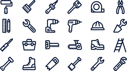 Obraz premium Set of 24 construction and DIY manual tool line-art icons
