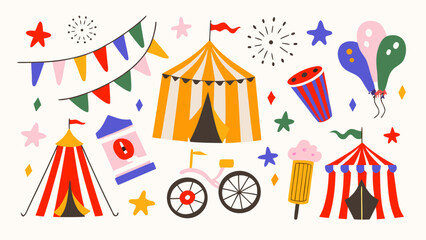 Fototapeta premium Vibrant retro circus and carnival icons with tents banners balloons and treats on white background