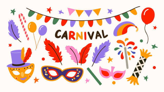 Vibrant retro carnival masks and party decorations vector illustration with colorful feathers balloons and banners on white background