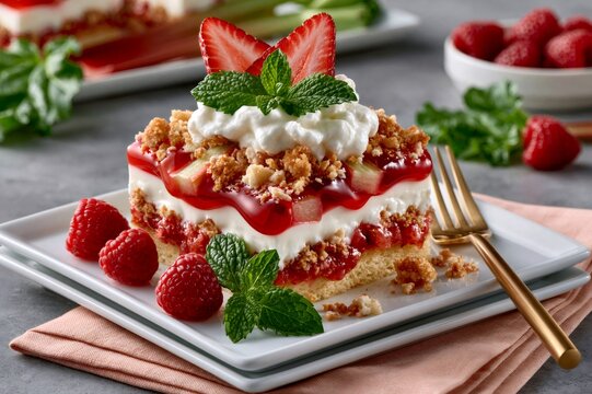 Strawberry rhubarb crumble parfait with whipped cream