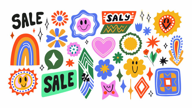 Colorful trendy sale and promo label pack with smiley faces and flowers in flat vector style for marketing and advertising