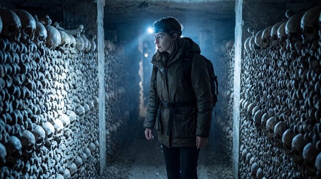 Young Woman Explorer Investigating Mysterious Underground Catacomb with Human Skulls and Bones