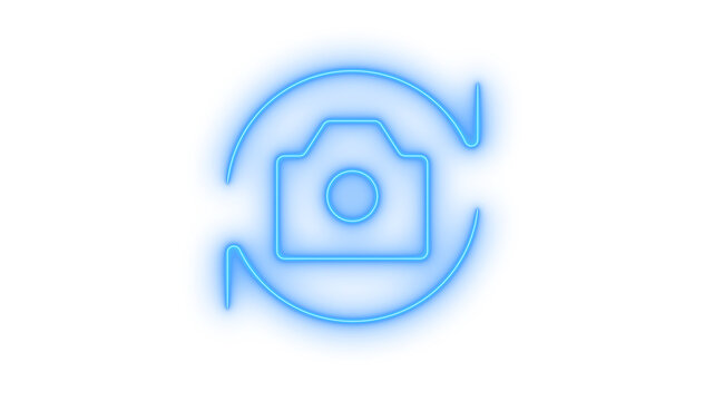 Glowing neon camera refresh icon isolated on transparent background. Flip camera button. Rotation. Reverse lens. Reset device. Media app.