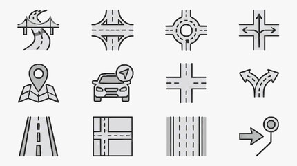 Fototapeta premium Corporate Minimalist Icons Set Featuring Road Junctions Navigation and Direction Symbols in Monochrome