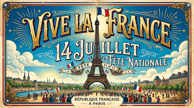 Vintage style poster for bastille day celebration in paris france with bastille