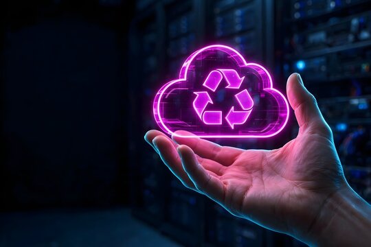 Forward-thinking concept of sustainable cloud computing and responsible data management, symbolized by a vibrant glowing recycle icon within a digital cloud