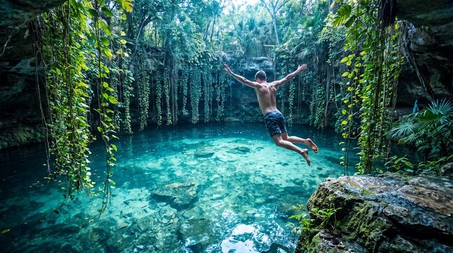 Adventurous Man Jumping into Crystal Clear Water of a Hidden Tropical Cenote Jungle Pool