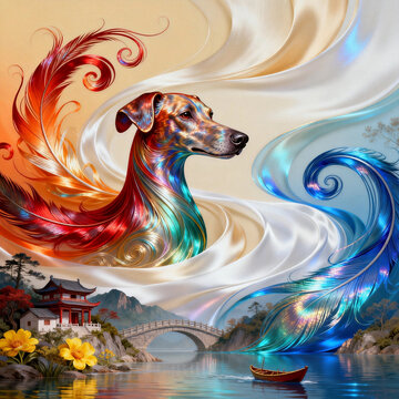 Fantasy Abstract Digital Art, Golden Retriever Blended with Iridescent Colorful Feathers, Flowing White Silk Ribbons, Tiny Chinese Riverside Village Scene on Warm Gradient Orange Blue Background