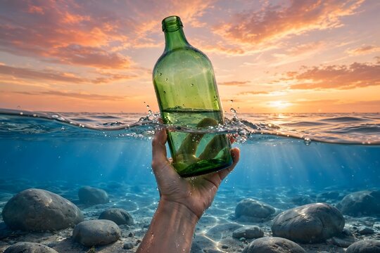 Hand holding a green glass bottle at the ocean surface during sunset split view
