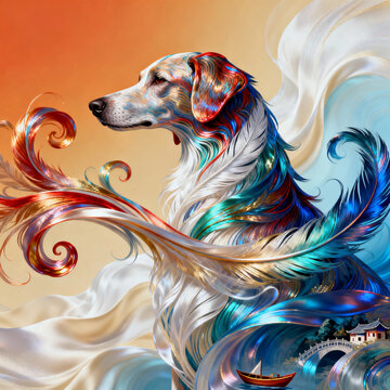 Fantasy Abstract Digital Art, Golden Retriever Blended with Iridescent Colorful Feathers, Flowing White Silk Ribbons, Tiny Chinese Riverside Village Scene on Warm Gradient Orange Blue Background
