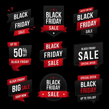 Black friday sale ribbon banners collection isolated. Vector price tags isolated on black background..