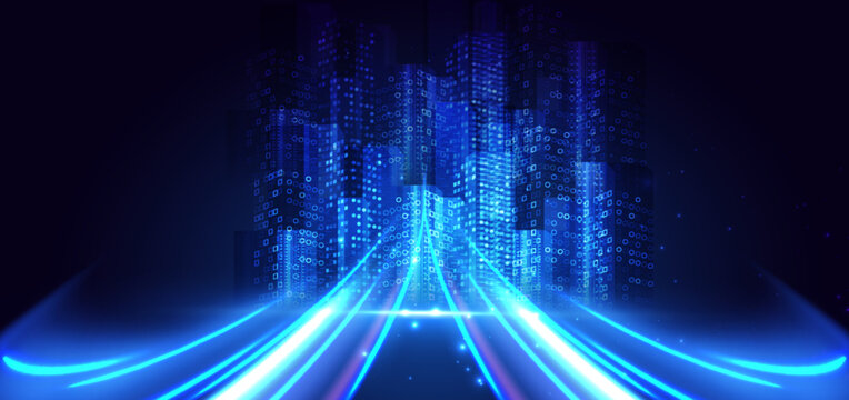 Futuristic city building on dark background with lighting effect sparkle.