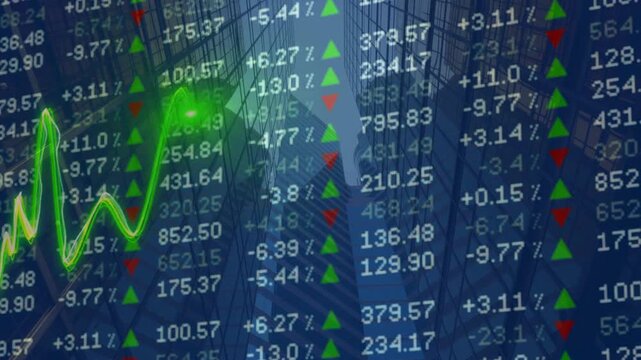 Glowing green stock market line graph trending upwards over financial data and modern corporate skyscrapers, symbolizing economic growth, profit, and successful investment strategies.