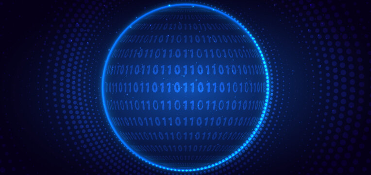 Digital Binary Data Globe Background with Blue Futuristic Technology Network Concept.