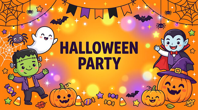 Halloween party invitation with cartoon monsters and decorations