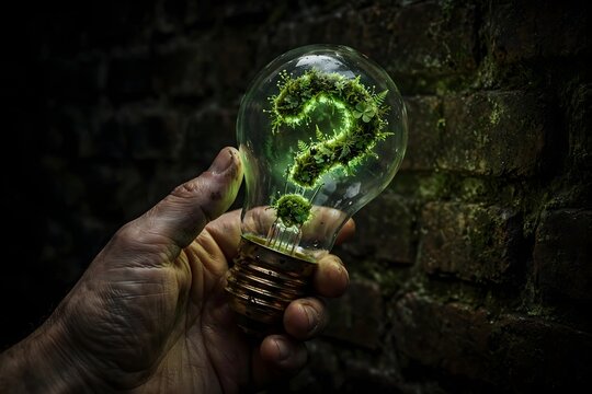 A hand holds a glowing light bulb with a green question mark, symbolizing intellectual inquiry and the conceptual birth of ideas, sparking thoughts for problem-solving