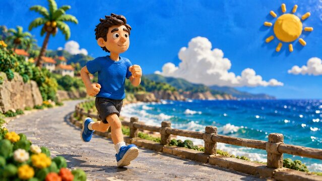 晴れた日に美しい海岸沿いの道をジョギングするクレイアニメ風の男性