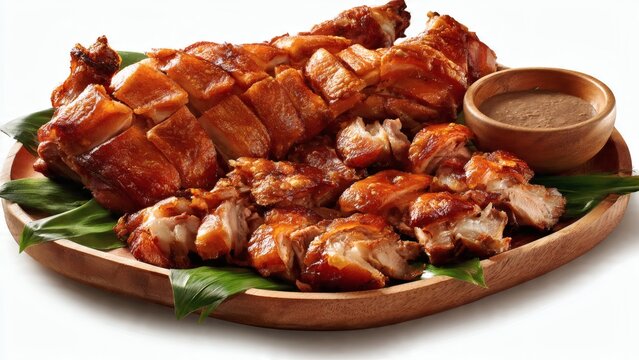 Crispy deep-fried pork pata knuckle served on wooden platter with savory dipping sauce