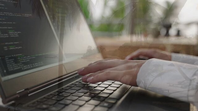 A double exposure view of hands programming on a laptop combined with palm trees, representing a freelancer or digital nomad on a tropical beach.