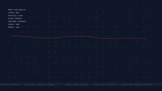 Financial algorithm data crash visualization on a digital screen with a dark abstract background