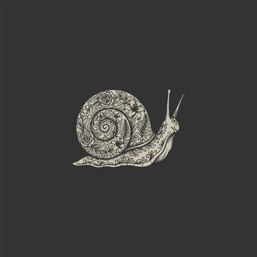 Textured snail shell spirals gently against a dark background. Its body extends softly, antennae poised for exploration. The image conveys quiet, slow motion, grounded and calm