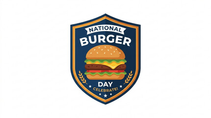 Obraz premium National Burger Day badge, vector burger logo, food icon, shield emblem