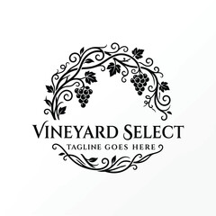 Obraz premium Elegant Circular vine wreath with grapes swirling tendrils for vineyard select winery agriculture viticulture premium wine logo design