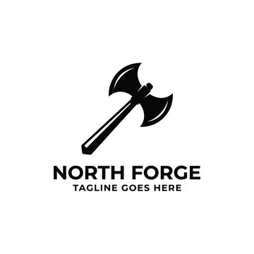 Double-headed battle axe with bold line for north forge blacksmith manufacturing metallurgy rugged craft logo design