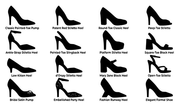 Luxury Red High Heel Shoes Collection Vector Set with Elegant Pumps Sandals Wedges Platform Heels and Fashion Footwear Icons