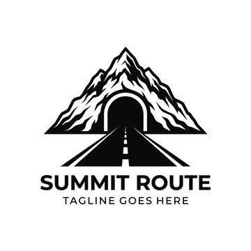 Mountain peak with tunnel road for summit route travel transportation infrastructure adventure logo design