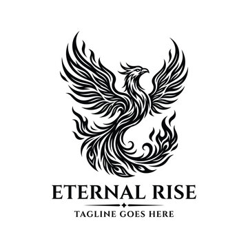Phoenix bird with rising wings flames for eternal rise energy rebirth motivation success logo design