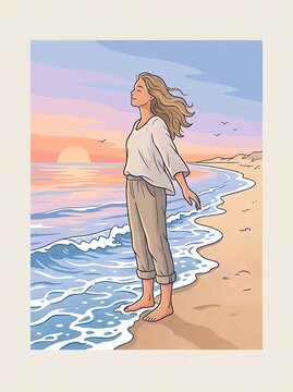 Woman enjoying a peaceful sunset on a sandy beach by the ocean