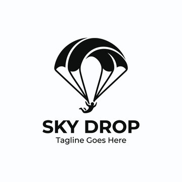 Parachute with person falling for sky drop extreme sports aerial adventure skydiving logo design